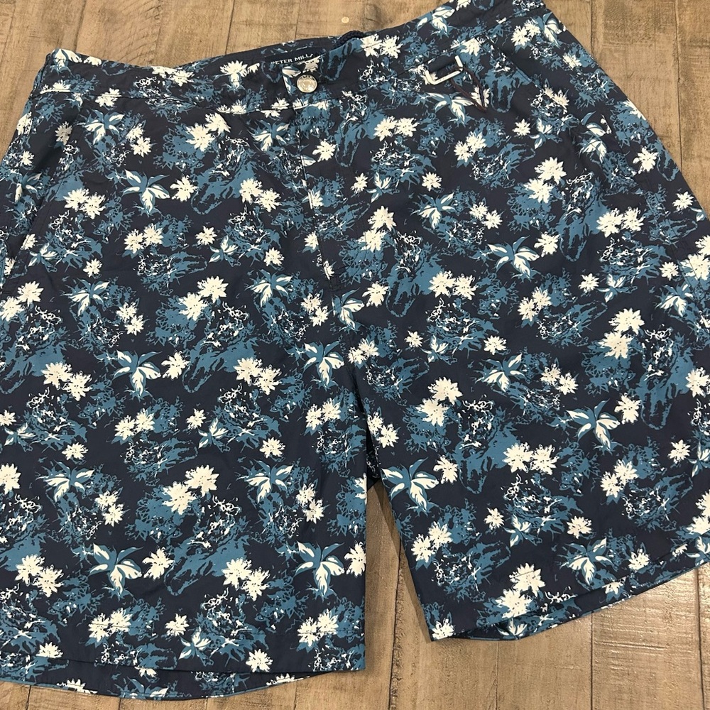Peter Millar Swim Shorts/Trunks Mens Blue Lined Floral Bathing Suit EUC